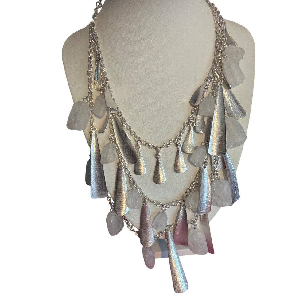 Premier Designs Silver Plated Beach Glass Necklace Opaque Beads Layered 26" NWOT